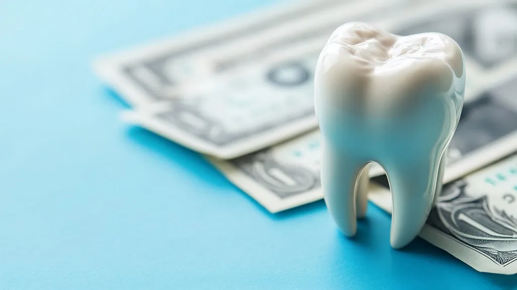A tooth figurine resting on dollar bills symbolizes dental care costs.