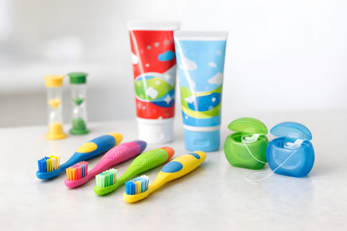 Colorful Children’s Toothbrushes and Toothpaste on Clean Countertop - Pediatric Dentistry
