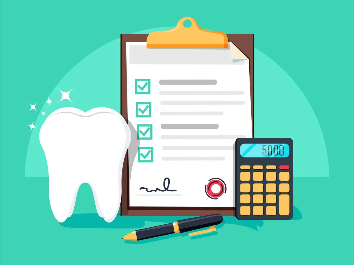 Dental insurance, dental care concept. Dental insurance form, tooth, calculator, pen flat design graphic elements, flat icons set for web banners, websites, etc. Vector illustration